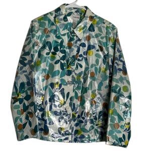 Chicos Floral Rain Coat Womens 2 Med Shiny Lined Hip Pockets Button Front Jacket